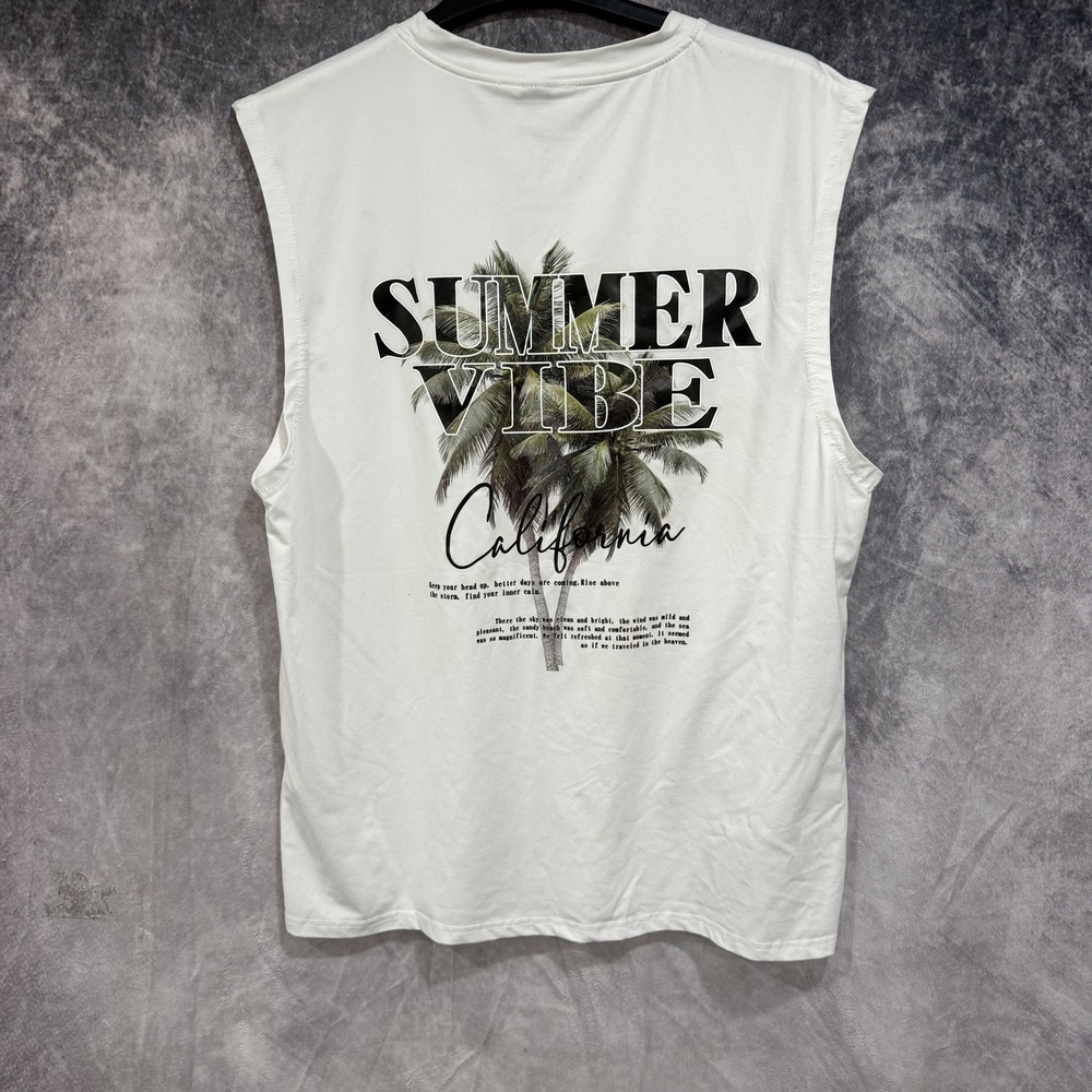 mens sleeveless t shirt Summer Vibes Palm Tree Print White L Crewneck Stretch